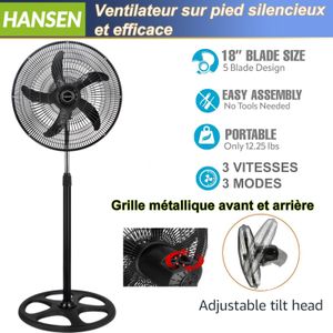 HANSEN (18 pouces) Ventilateur  HS-1M  sur pied silencieux à 3 vitesses de 45 cm