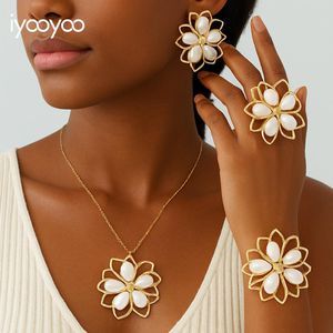 VOGUE BAZAAR Ensemble de bijoux Fleur de Lotus 5 pièces pour femmes Blanc Élégant Goutt...