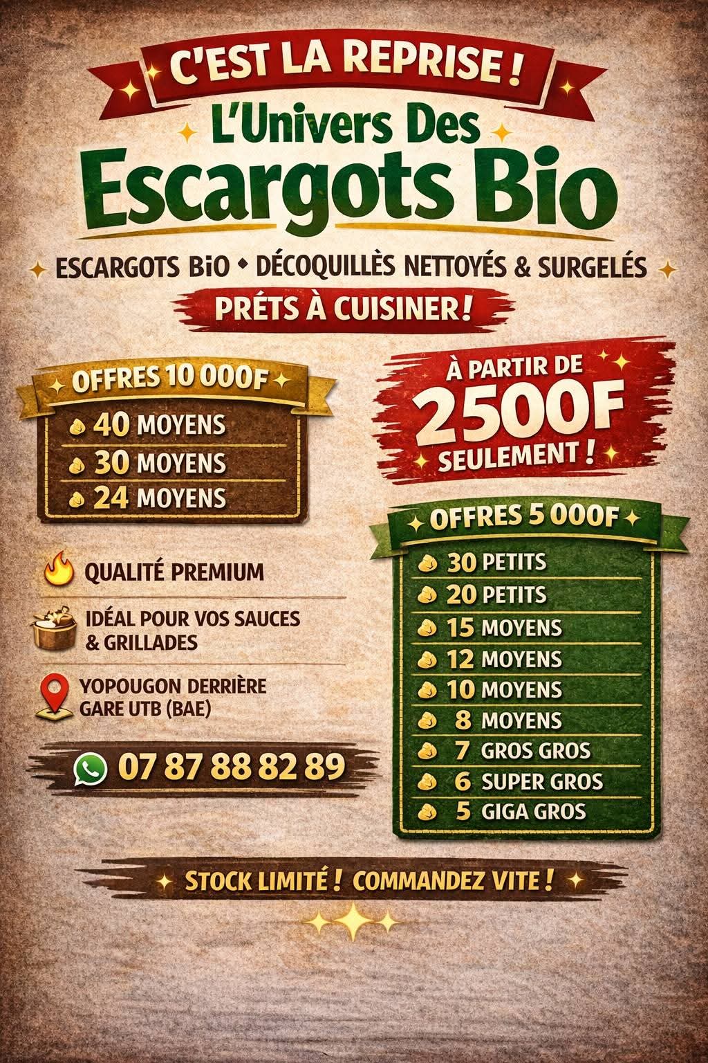 DES ESCARGOTS BIO DÉCOQUILLÉS NETTOYÉS ET SURGELÉS PRÊT A CUISINER