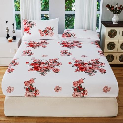 Drap-housse style romantique français à motif de roses rouges, taie d"oreiller non incluse