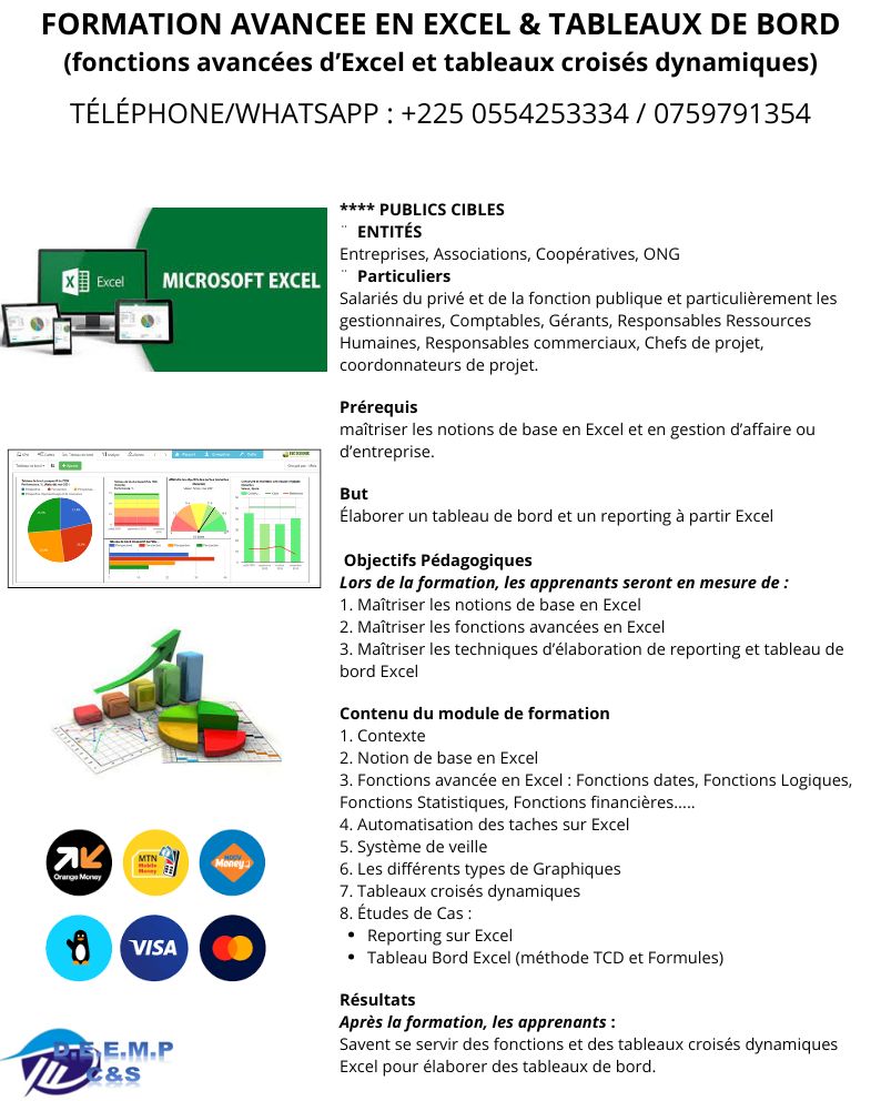 FORMATION AVANCEE EN EXCEL, TABLEAUX DE BORD ET REPORTING