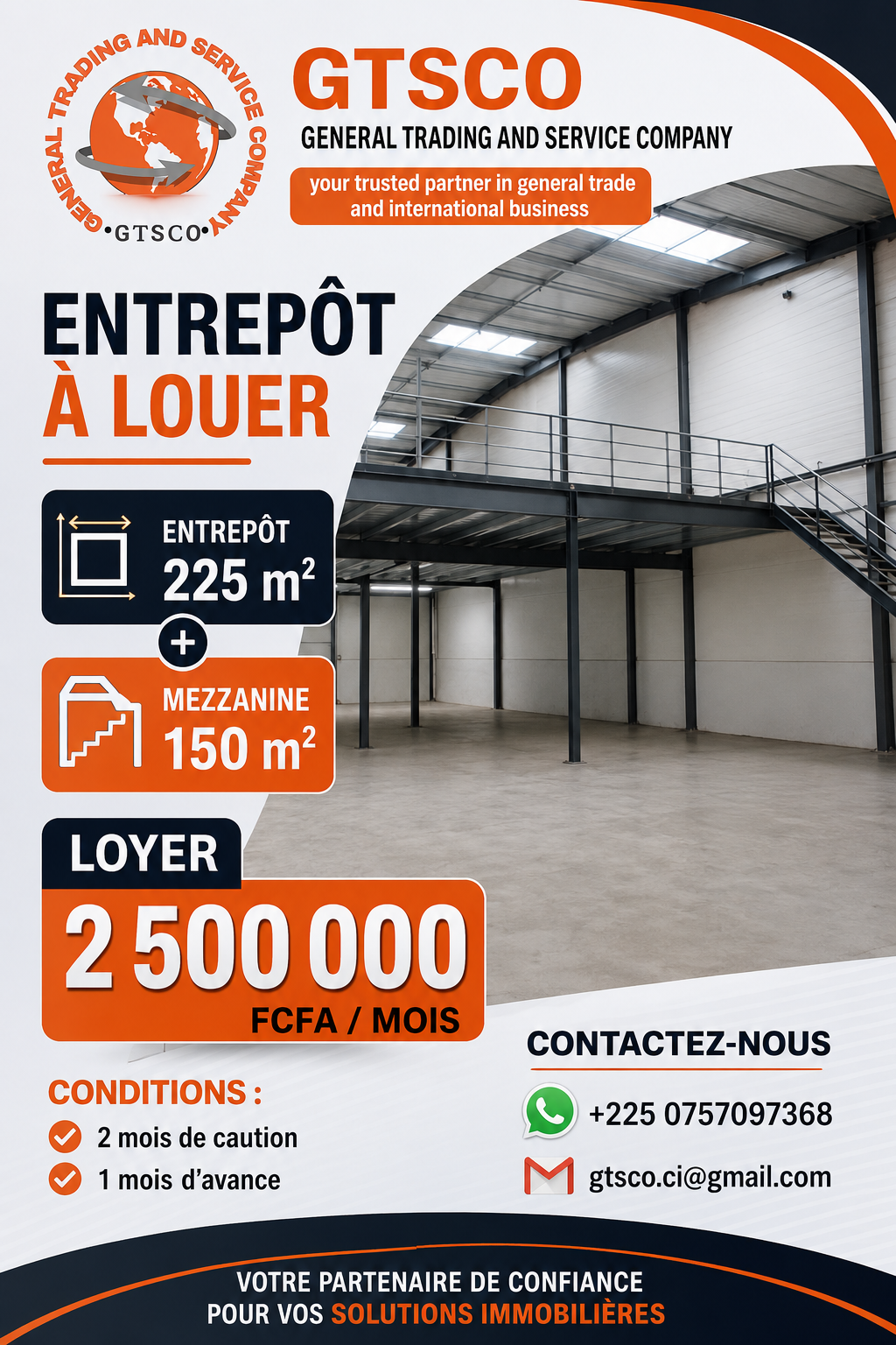 Entrepôt 225m²+150m² de mezzanine à louer marcory VGE 
