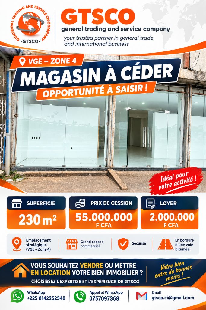 Marcory zone 4 VGE magasin 230m² à céder 