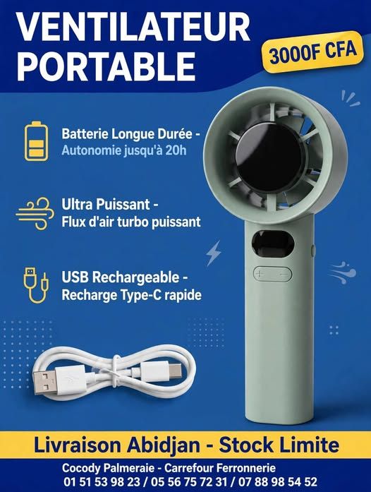 Ventilateur portable 3000 F CFA, batterie 20h