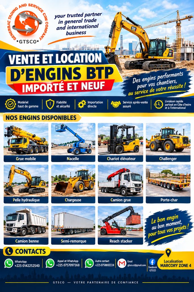 Vente et location engin BTP et MANUTENTION IMPORTÉ ET NEUF 