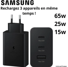 Samsung Boitier De Charge Rapide Original 2 Ports USB-C, Port USB-A- 65w,25w,15w Noir Sans Câb